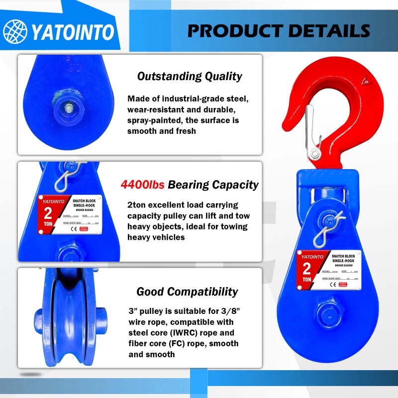 YATOINTO 2 ton Snatch Block with Hook, 3"" Sheave 3/8"" Inch Wire Rope Snatch Block, 4400lbs Snatch Pulley for Rollback Wrecker Car Hauler Winch - Image 3
